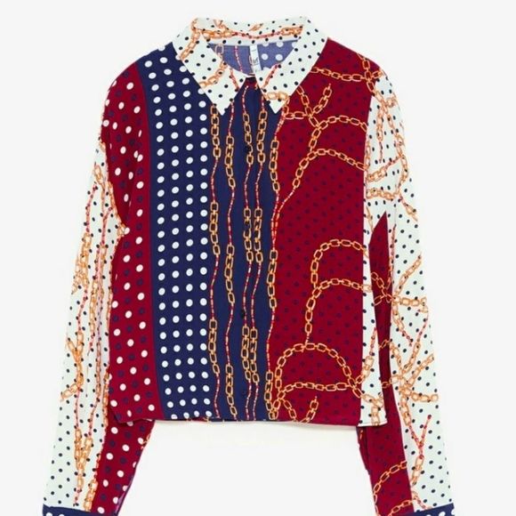Zara Tops - ZARA CROPPED SATIN SILK FEEL CHAIN, SCARF & POLKA DOT PRINT BUTTON DOWN BLOUSE